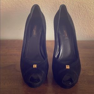 Louis Vuitton Black Suede Platform Peep-Toe Pumps